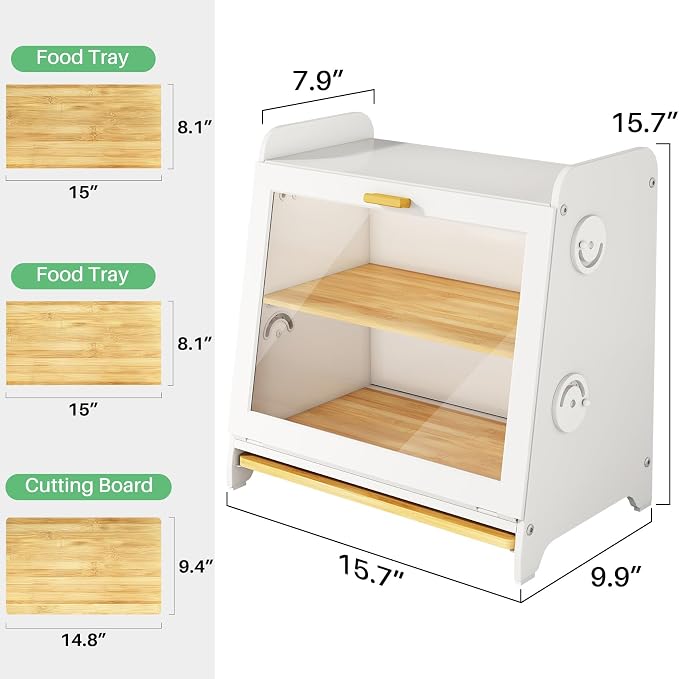 SNTD Bread Box for Kitchen Countertop, Airtight Homemade Bread Storage Container with Adjustable Vent Holes, Bamboo Cutting Board (White, L)