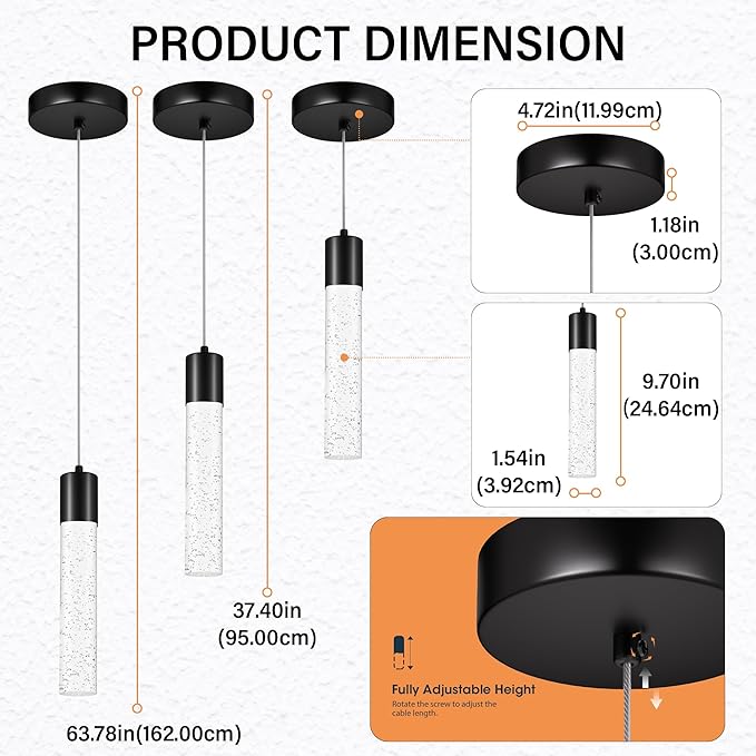 Pendant Lights Kitchen Island, 6500K Modern Kitchen Island Lights Brushed Black, 3 Pack Ceiling Lighting Fixtures with Crystal Bubble, Integrated LED Hanging Light for Dining Room Restaurant