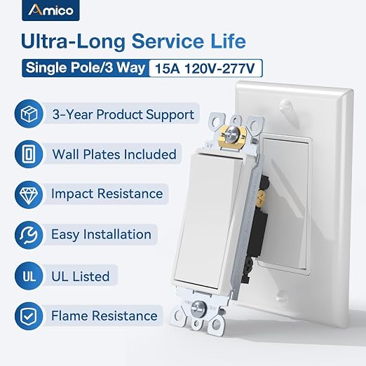 Amico 30 Pack Single Pole and 3-Way Light Switch with Wall Plate, UL Listed, 15A 120/277V, On/Off Rocker Interrupter Wall Switch, Grounding Screw, Suitable for Home and Business, White