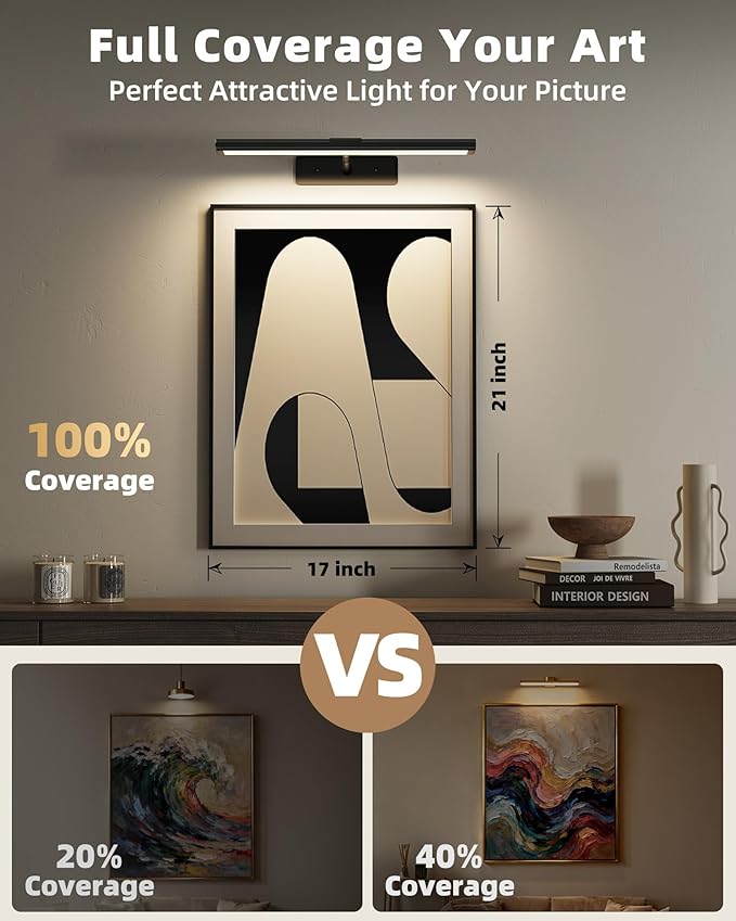 EZVALO Picture Light for Wall, 4800mAh Rechargeable Wireless Battery Lights for Painting, 16In Dimmable Magnetic LED RGB Art Display Light, Colors Temperatures, for Gallery, Living Room, Hallway