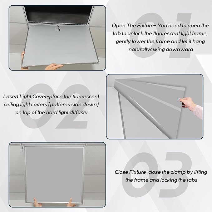 Amylove 4 Pcs Fluorescent Light Covers Classroom Ceiling Panels Light Filters with Backlit Film Material for Office School, 4 x 2 Feet(Gray,Simple)