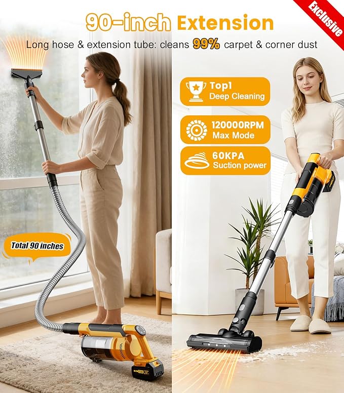 qimedo 8000mAh Cordless Vacuum Cleaner with 2 Batteries V2, 700W Powerful Suction, 90 Inch Extension Tube & 2L Dust Cup, 7 in 1 Stick Vacuum for Home, Hardwood Floor, Pet Hair
