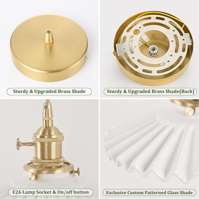 Shenmoyl Pendant Light with White Pleated Ceramic Lmapshade, Brass Vintage Pendant Light Adjustable Hanging Light for Kitchen Island Dining Room Hallway