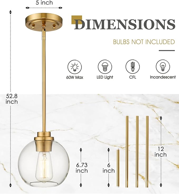 3-Pack Pendant Lights Kitchen Island, Gold Hanging Lights Fixtures with Clear Glass Globe Shade, Brass Kitchen Island Lighting for Dining Room, AD-22280-1P3-GD