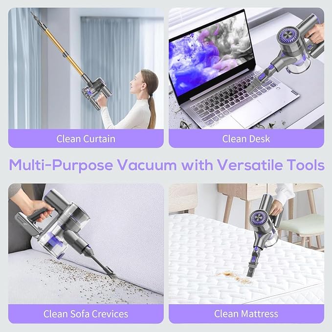 Cordless Vacuum Cleaner, 6 in 1 Lightweight Stick Vacuum with Rechargeable Battery, Handheld Conversion, LED Headlights & 180° Swivel Brush, for Hardwood Floor Carpet Pet Hair Stairs Car(G-Purple)