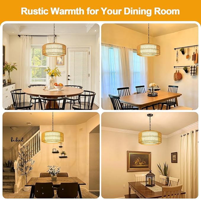 9"-52" Height Adjustable Farmhouse Chandelier Light Fixture, 5-Light Rattan Boho Chandeliers for Dining Room, Hand Woven Pendant Light with Linen Shade, Rustic Hanging Lighting for Kitchen Island