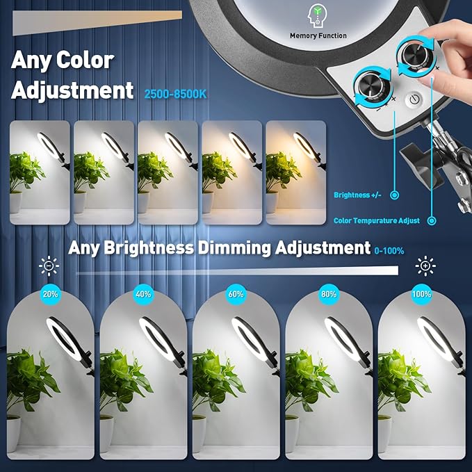KIRKAS 12X Magnifying Glass with Light and Stand, Overhead Knob Magnifying Lamp for Workbench Craft, Sewing, 2-in-1 Lighted Magnifier Real Glass Lens Stepless Dimming and Color(9.06IN Base & Clamp)