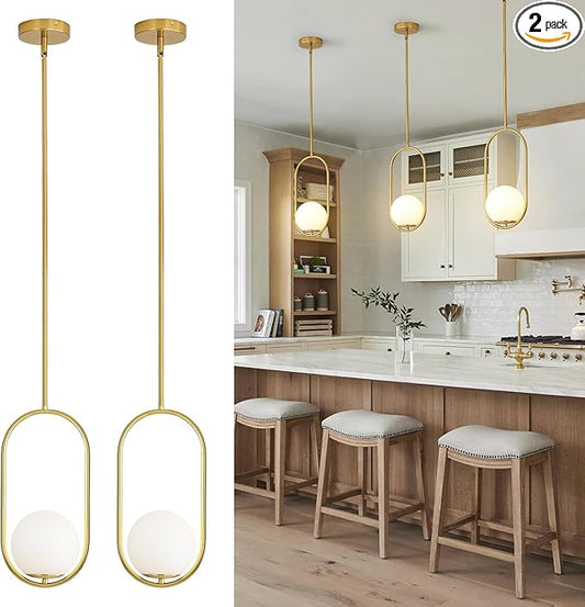 Yunnix Pendant Lights Kitchen Island, Pendant Light Fixtures, 2 Pack Modern Gold Globe Glass Pendant Lighting, Brass Mid Century Chandelier One Light for Bathroom Bedroom Dining Room