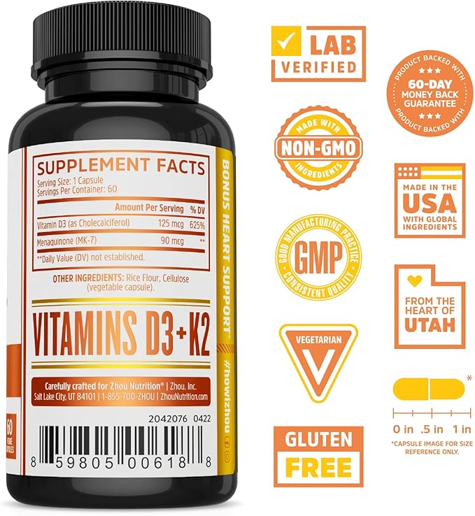 Zhou D3+K2 - Complément Vitamine D3 K2 pour femmes et hommes, soutien immunitaire Vit D3 et K2, formule végétarienne pure avec 5000 UI de D3 et MK-7 - 60 gélules végétariennes (lot de 1)