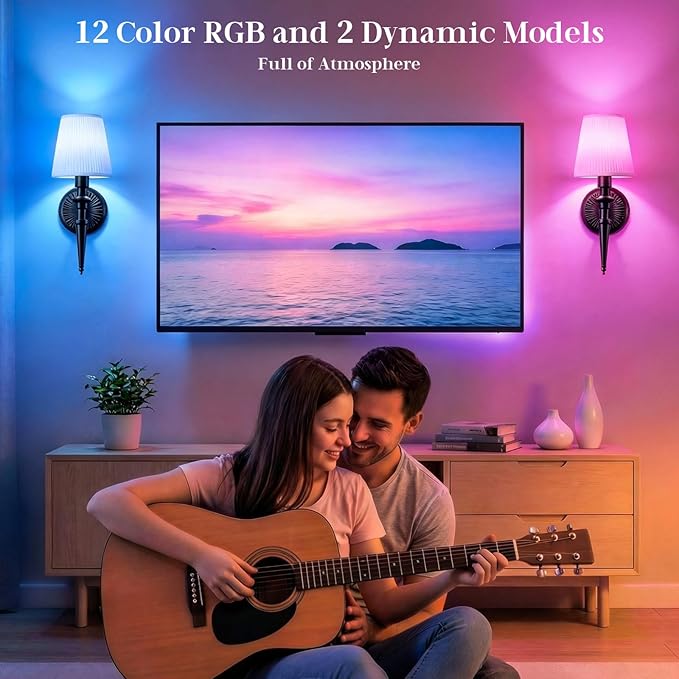 Battery Operated Wall Sconces Set of 2, Wireless Rechargeable Wall Lights with 12 RGB Colors and 3CCT Dimmable, Small Fabric LED Wall Lamps for Bedroom, Living Room, Hallway, Black
