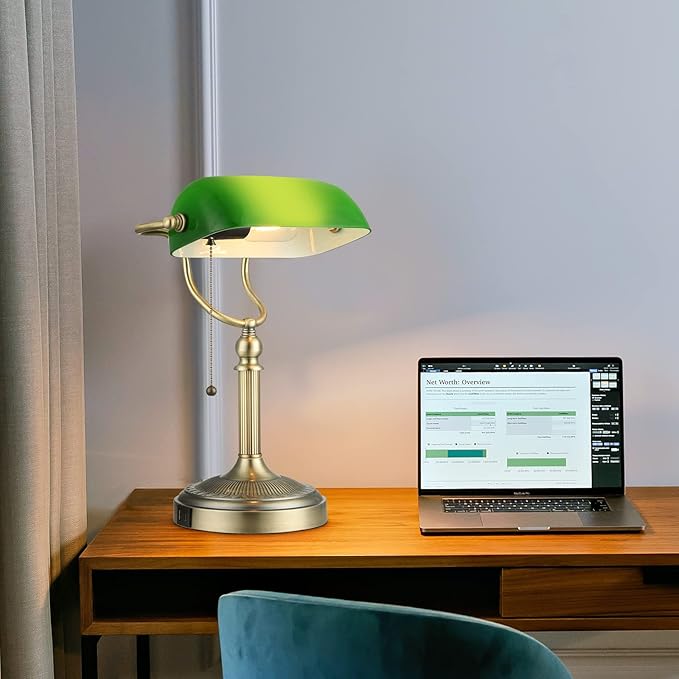 Green Glass Bankers Desk Lamp with Pull Chain Switch Plug in Fixture,USB Fast Charging Port