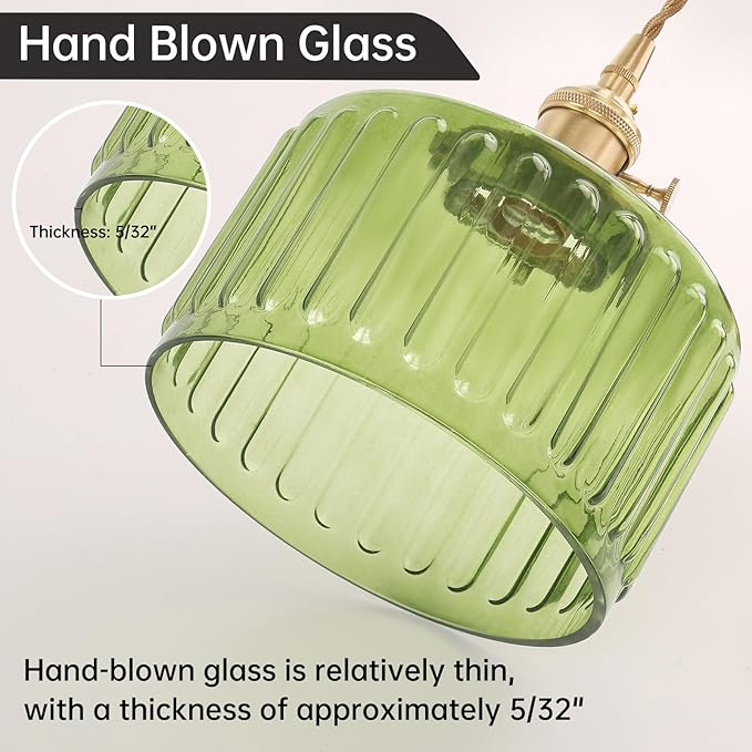 Shenmoyl Pendant Light with Green Striped Glass Lmapshade, Brass Vintage Pendant Light Adjustable Hanging Light for Kitchen Island Dining Room Hallway