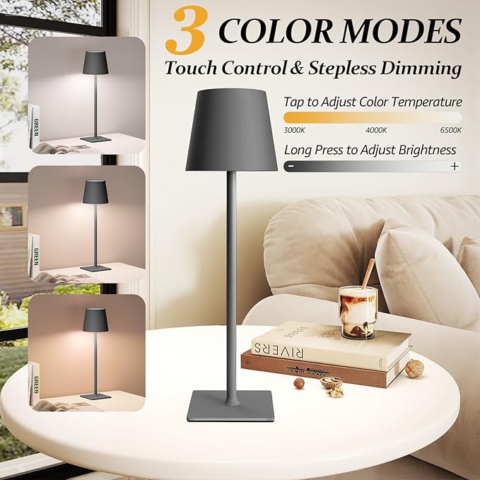 CHLORANTHUS 2 Pack Cordless Table Lamps, 3 Colors Stepless Dimming, 5000mAh Rechargeable Battery LED Desk Lamp for Bedroom/Couple Dinner/Desk/Cafe/Dining Room/Terrace