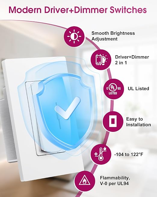 Dimmer Light Switch & 12V 60W Dimmable LED Driver 2 in 1, 2PK Single-Pole or 3-Way Slide Dimmer Switches for Led Strip Lights,120VAC to 12VDC Power Supply for Low Voltage Project, UL Listed