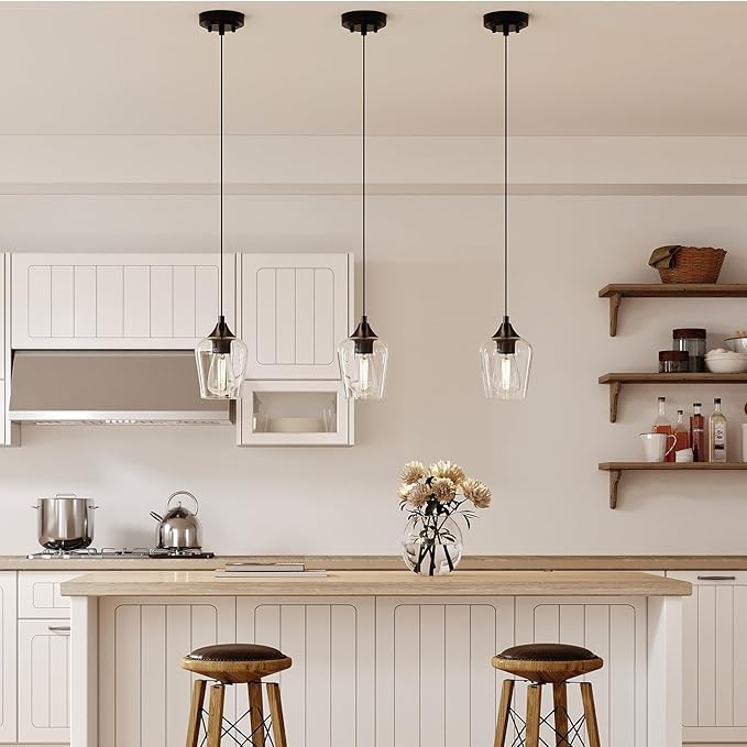 VONLUCE Pendant Light Kitchen Island, Matte Black Pendant Light Fixture with E26 Base & Adjustable Cable, Modern Pendant Lighting with Glass Shade for Living Room Bedroom Hallway