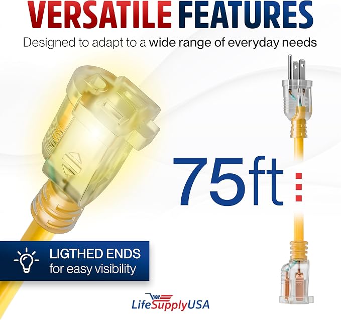 75ft Outdoor/Indoor Extension Cord 12/3 Gauge Extra Heavy Duty 3 Prong SJTW, Waterproof, Flexible Cold-Resistant Long Power Cord,15A 125V 1875W, Yellow by LifeSupplyUSA