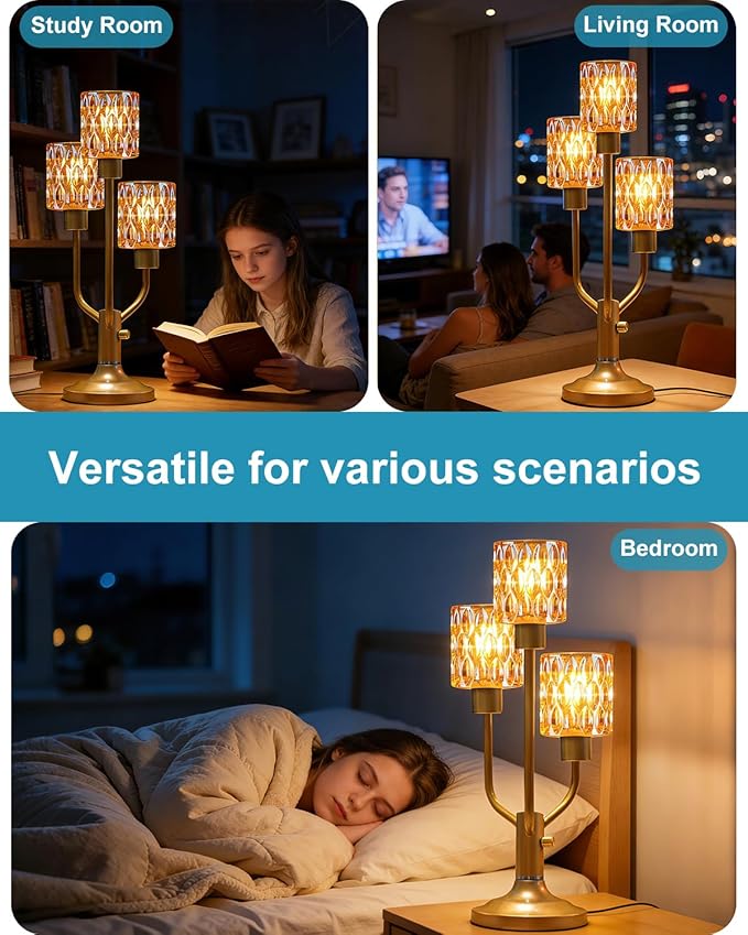 Mid Century Modern Vintage Table Lamp Dimmable Nightstand Lamp Gold Desk Lamp with Brown Glass 3 Bulbs Included Warmwhite Ambient Bedside Lamps for Bedroom Living Room Office Home Decor