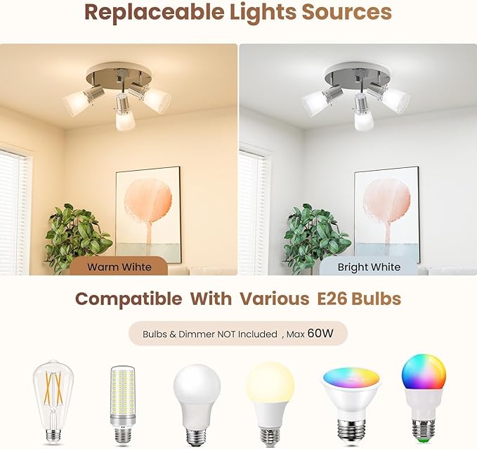 10” Track Lighting Kit, Brushed Nickel Finish Flush Mount Ceiling Light Fixture with Frosted Glass Shades, E26 Base Adjustable Heads Provide Directional Light (3-Light)