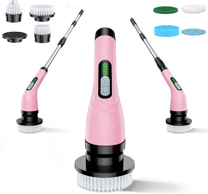 Electric Spin Scrubber - Cordless Bathroom Scrubber with 7 Brush Heads | Dual Speed IPX7 Waterproof Power Scrubber for Heavy-Duty Bathtub, Glass, Tile, and Car Cleaning