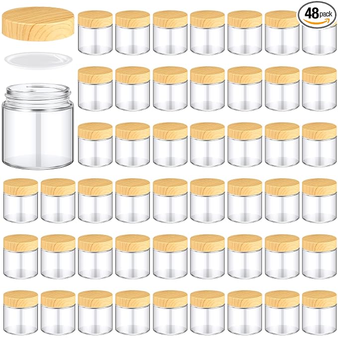 Norme 48 Pcs 4 oz Glass Jars with Lids Empty Small Glass Containers and Inner Liners Reusable Cosmetic Jars Round Airtight Bottles with Plastic Woodgrain Lids for Travel