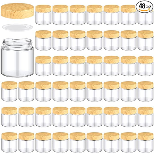 Norme 48 Pcs 4 oz Glass Jars with Lids Empty Small Glass Containers and Inner Liners Reusable Cosmetic Jars Round Airtight Bottles with Plastic Woodgrain Lids for Travel
