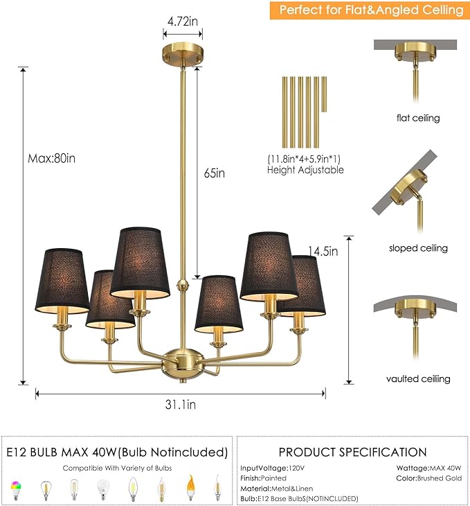 6-Light Brushed Gold Chandelier with Black Fabric Shades, Modern Brushed Brass Chandelier Light Fixture, E12 Base Hanging Pendant Light for Dining Room Living Room Bedroom Kitchen Island Foyer