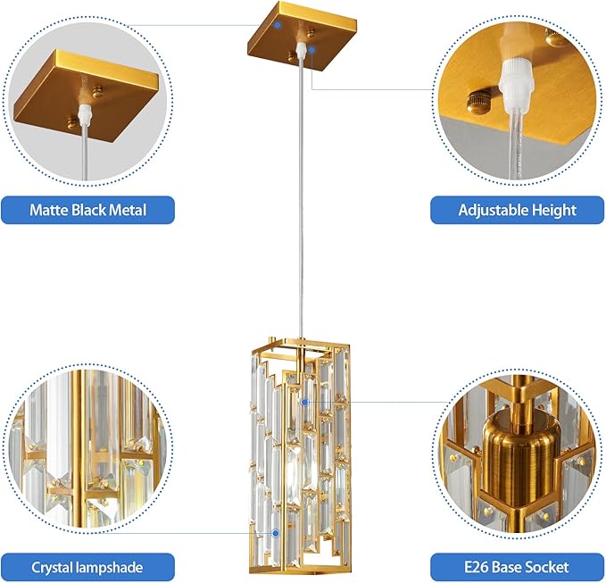 Gold Pendant Lighting Modern Pendant Light, Mini Crystal Chandeliers,Adjustable Pendant Light Fixture for Kitchen Island Dinning Room Bedroom (3 Pack)
