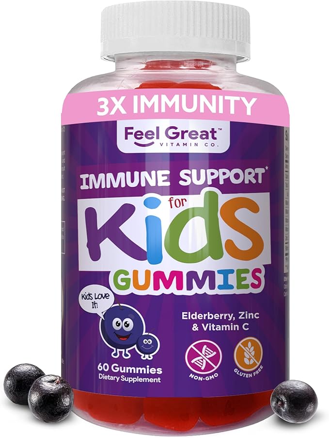 Soutien immunitaire optimal pour les enfants | Gommes de Vitamine C, Zinc et Sureau | Multivitamine immunité Sambucus Nigra | Végétarien | 60 jours de traitement