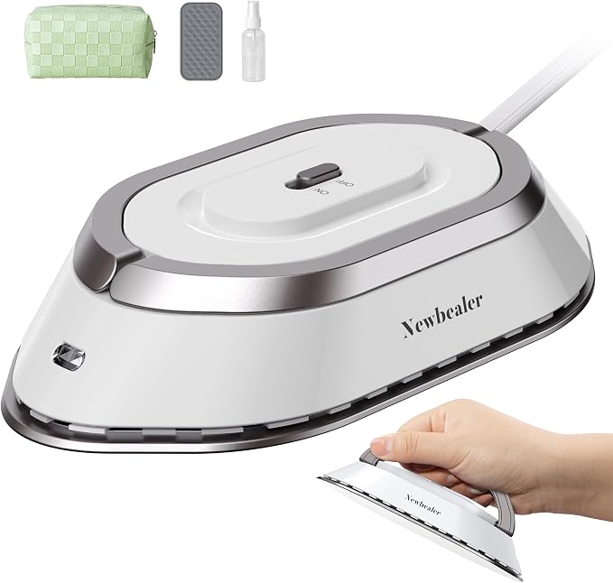Newbealer Travel Iron Set, 100-240V Mini Dry Iron for Clothes (No Steam) | Max 300W, Heats in 60s, 302℉ Ceramic Soleplate, Handy Heat Press, 0.8lbs Lightweight for Quick Touch-ups Worldwide (Silver)