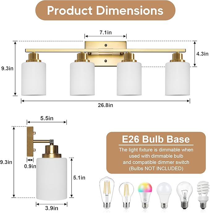 Ascher Bathroom Light Fixtures, 4-Light Vanity Light Over Mirror, Gold Wall Sconces with Milky White Frosted Glass Shades, Wall Lamp for Living Room Bedroom, E26 Base(Bulbs Not Included)