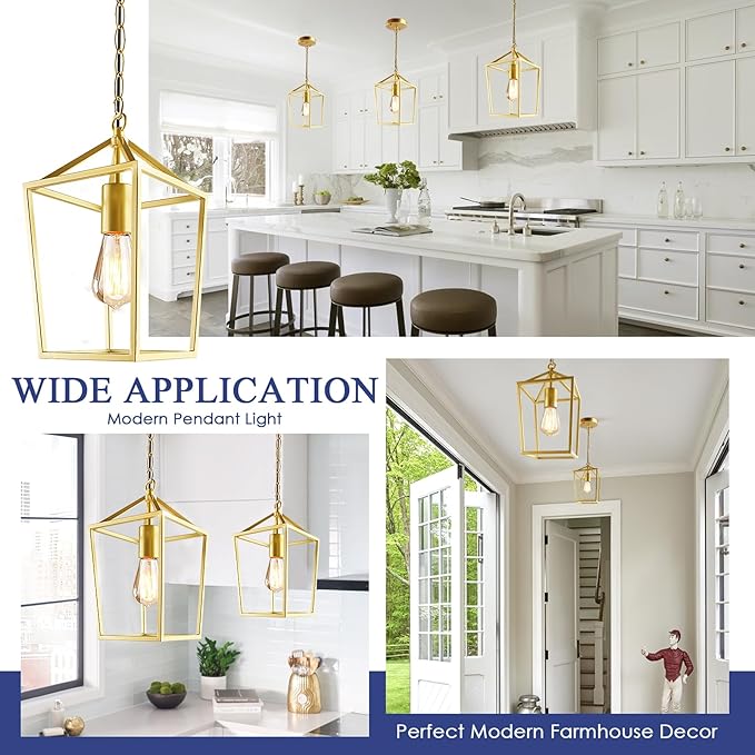 Sheetea 2-Pack Gold Pendant Lights Kitchen Island, Modern Mid Century Light Fixtures Hanging Lamp for Kitchen, Farmhouse Kitchen Pendant Lighting Over Island, Metal Cage Design