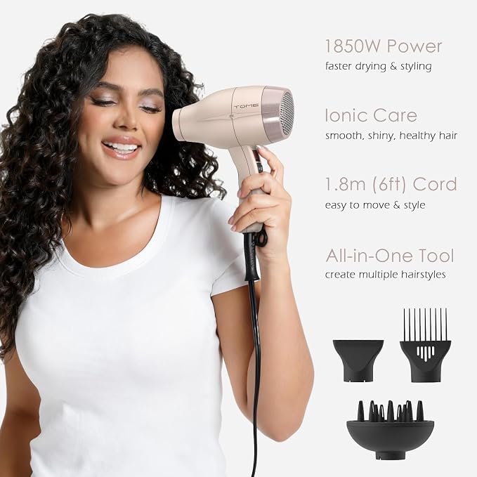 TOME Hair Dryer with Diffuser, 1875W Ionic Blow Dryer with Comb Attachment and Concentrator for Home Use, Fast Drying with Cool Shot and 2 Heat & 2 Speed Settings, 125V, Pink