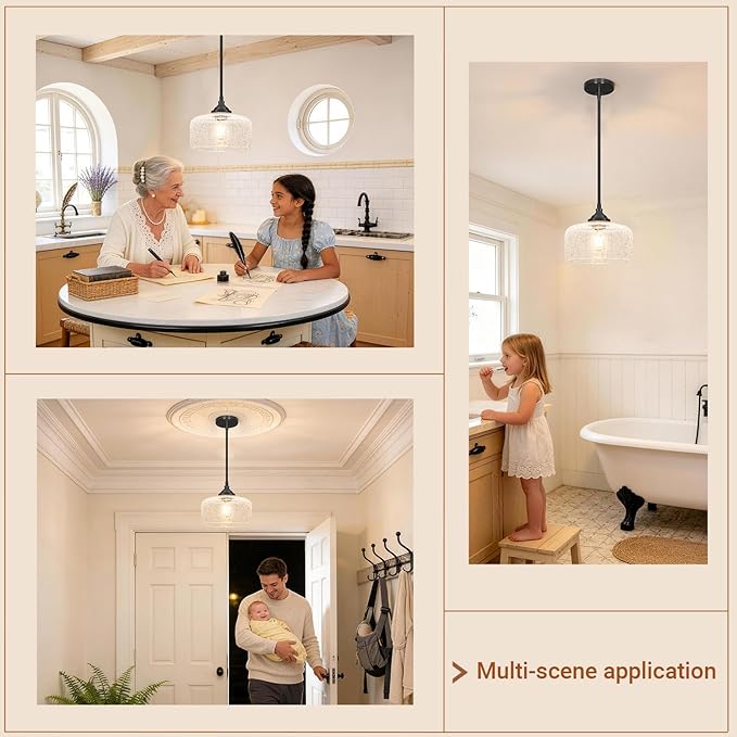Black Vintage Pendant Lights Kitchen Island, Farmhouse Pendant Lights With Cracked Glass, Adjustable Hight & Angle Bathroom Hanging Lights Fixtures For Home Bedroom Hallway,Dining Room,E26 Socket