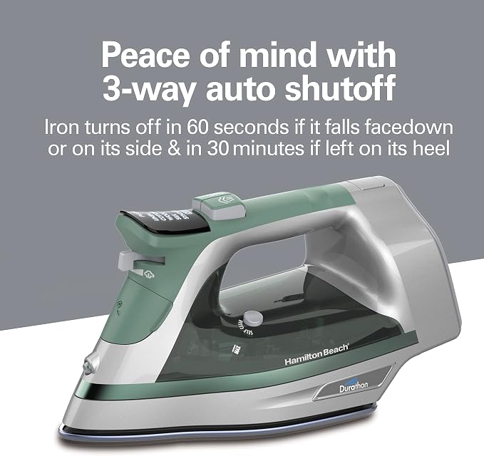 Hamilton Beach Steam Iron & Vertical Steamer for Clothes with Scratch-Resistant Durathon Soleplate, Digital Fabric Selector + 8’ Retractable Cord, 3-Way Auto Shutoff, Anti-Drip, 1800 Watts, Green