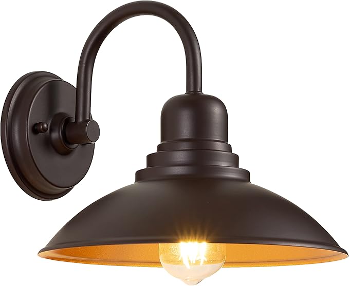 GOLDHILL 10.5" Bronze Gooseneck Metal Outdoor Barn Light, Powder Coated Farmhouse Porch Light with Gold Interior, Wet Location Rated Exterior Sconce for Porch, Garage, Bathroom Vanity