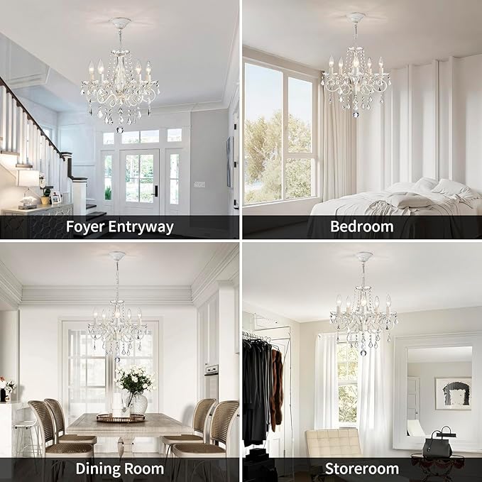 ANJIADENGSHI Small Crystal Chandelier, Modern White Chandelier Dining Room Light Fixture, Mini Crystal Pendant Light for Bedroom Ceiling Light Fixture for Living Room Entryway Kitchen Island Hallway