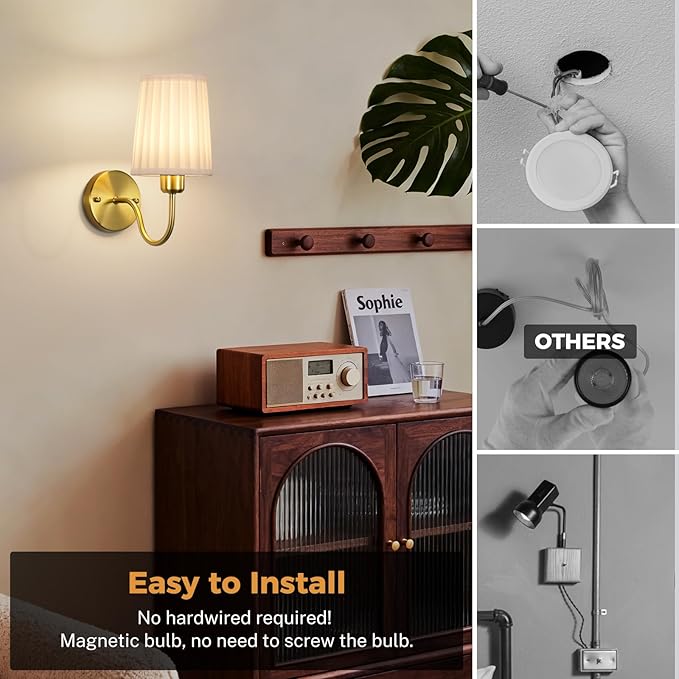 Battery Operated Wall Sconce Set of Two, Wireless Wall Sconces with 10000mAh Dimming Magnetic Bulb, Rechargeable Wall Sconce with Pleated Fabric for Bedroom Living Room Gallery Hallway, Gold
