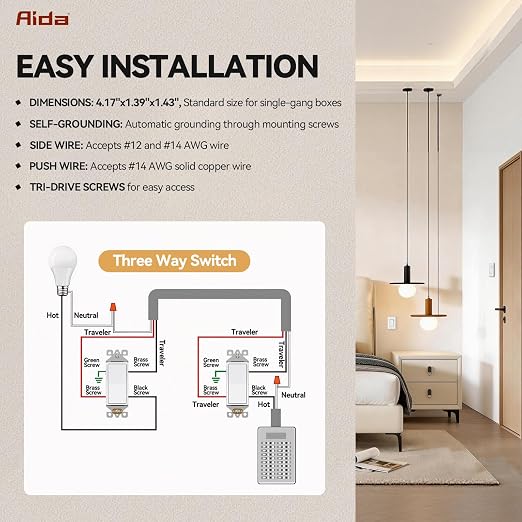 AIDA 10 Pack 3 Way Decorative Light Switch, 15Amp, 120/277 Volt, AC Decorator Rocker Paddle Wall Switch Replacement, UL Listed - Residential and Commercial Grade,Glossy White