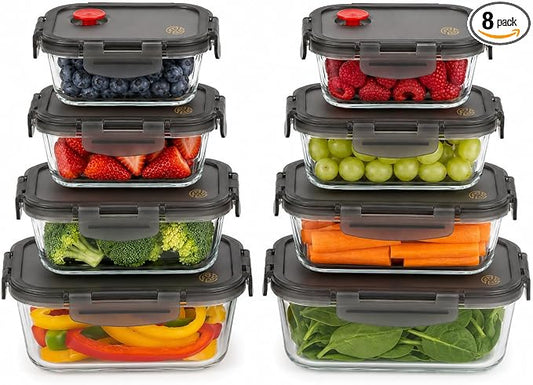 Borosilicate Glass Airtight Food Storage Containers with Vented Lids, Assorted Set of 8 (4 Rectangular & 4 Square)