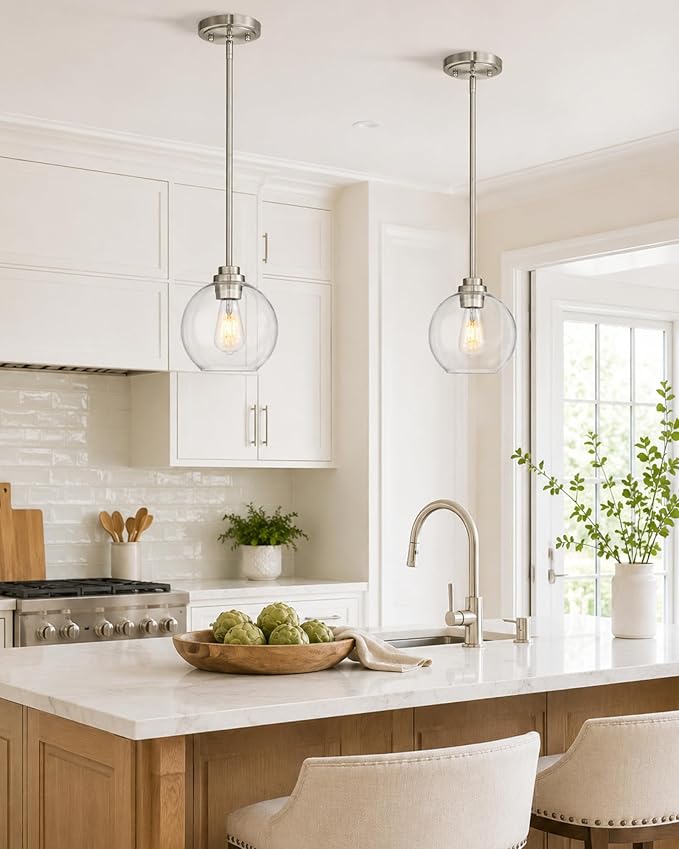 2 Pack Pendant Lights Kitchen Island, 8" Brushed Nickel Pendant Light Fixtures with Globe Clear Glass Shade, Modern Kitchen Island Lighting for Bathroom, AD-22280-2PL-SN