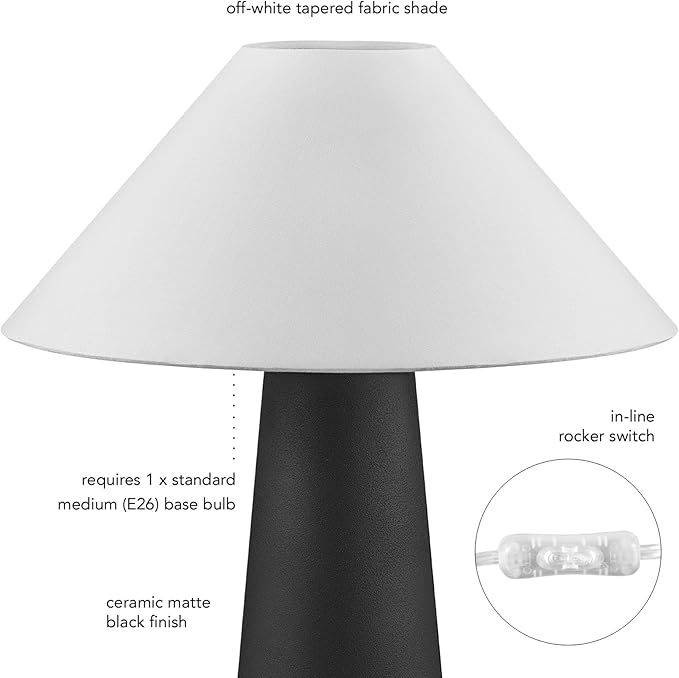 Globe Electric Novogratz x 18" Ceramic Table Lamp, Matte Black, Off-White Tapered Fabric Shade, in-Line Rocker Switch, 5 Ft. Clear Cord, Home Office, Desk, Living Room