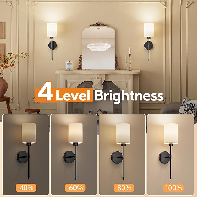 NIORSUN 20.67 inch Battery Operated Wall Sconce Set of 2, Black Rechargeable Wall Lights with 10400mAh Dimmable Bulbs and Remote, 9 Colors Wireless Wall Lamps for Bedroom Living Room Hallway