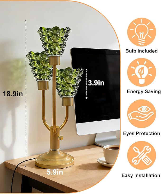 Mid Century Modern Vintage Table Lamp Dimmable Nightstand Lamp with Green Glass Gold Desk Lamp 3 Bulbs Included Warmwhite Ambient Bedside Lamps for Bedroom Living Room Office Home Decor