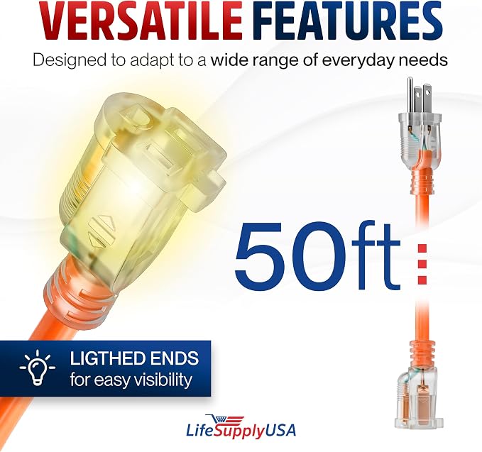 50ft Outdoor/Indoor Extension Cord 14/3 Gauge Heavy Duty 3 Prong SJTW, Waterproof, Flexible Cold-Resistant Long Power Cord,15A 125V 1875W, Orange by LifeSupplyUSA