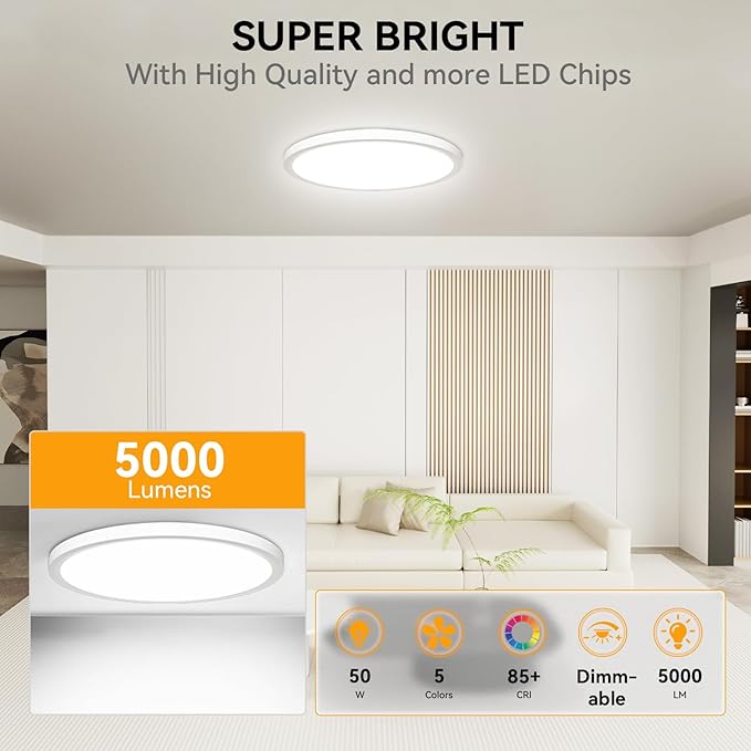 WKONCLDY 5CCT 3000k//3500k/4500k//5000k/6000k Selectable, Dimmable Led Flush Mount Ceiling Light, 20 Inch 5000LM Round Modern Flat Panel,Super Slim for Living Dining Kitchen Bedroom Room