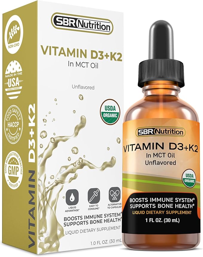 SBR Nutrition MAX Absorption, Vitamine D3 + K2 (MK-7) en gouttes liquides avec huile MCT, sans arôme, aide à soutenir la solidité des os et la santé cardiaque