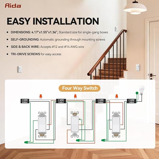 AIDA 4 Way Switch Decorative Light Switch, 15Amp, 120/277 Volt, 4 Way Decorative Light Rocker Switch Replacement, Self-Grounding, Residential and Commercial Grade, UL Listed (10 Pack, Glossy White)