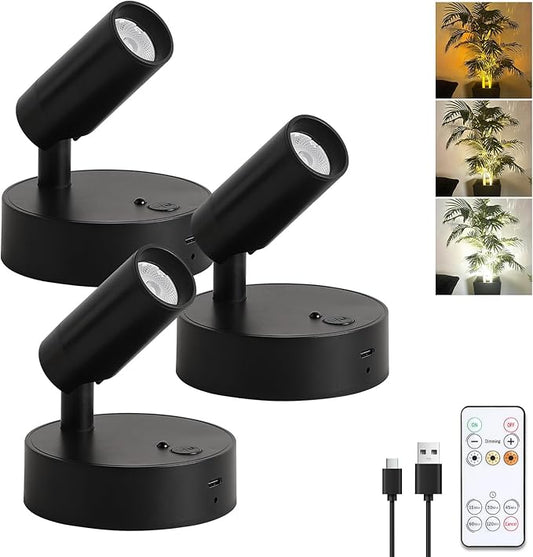 JOOSENLUX Spot Lights Indoor 3-Pack, 2600mAh Rechargeable Wireless Accent Lighting with Remote, 3CCT Dimmable Uplighting for Plants Art Wall Decor, Adjustable Arm Battery Spotlight, Black