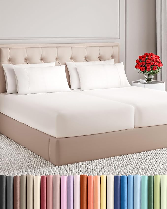 Split King 7 Piece Sheet Set - Comfy Breathable & Cooling - Soft Hotel Luxury Bedding Set w/ 8-16 Inch Deep Pockets - 1 Flat & 2 Fitted Sheet & 4 Pillowcases - Wrinkle Free & Easy Care - Antique White