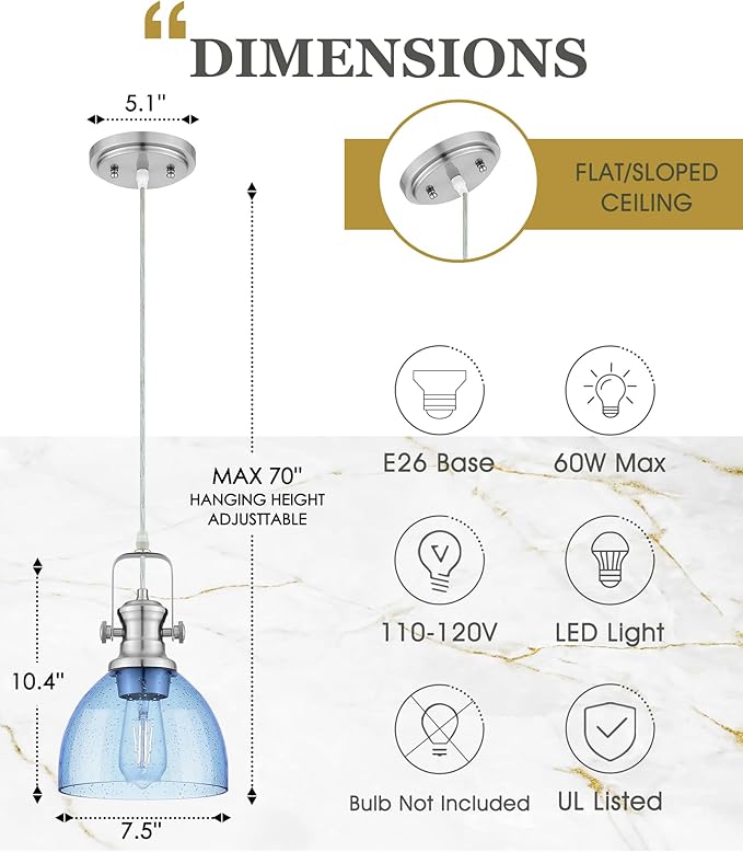 Pendant Lights Kitchen Island, 7.5" Farmhouse Pendant Lighting with Blue Seeded Glass Shade, Vintage Hanging Light Fixtures for Dining Room, Brushed Nickel Finish, AD-22151-1P-SN-BL